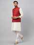 Vastramay Men's Maroon Matka Silk Nehru Jacket With Cream Silk Blend Kurta Pyjama Set