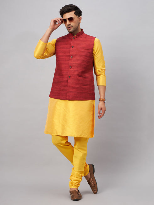 Vastramay Men's Maroon Jacket With Yellow Kurta And Pyjama Set