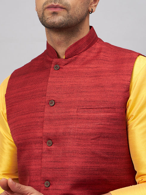 Vastramay Men's Maroon Jacket With Yellow Kurta And Pyjama Set