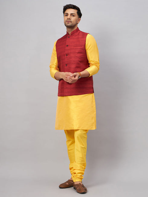 Vastramay Men's Maroon Jacket With Yellow Kurta And Pyjama Set
