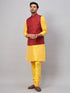 Vastramay Men's Maroon Jacket With Yellow Kurta And Pyjama Set