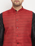 Vastramay Men's Maroon Matka Silk Nehru Jacket With Black Silk Blend Kurta and Pant style Pyjama Set