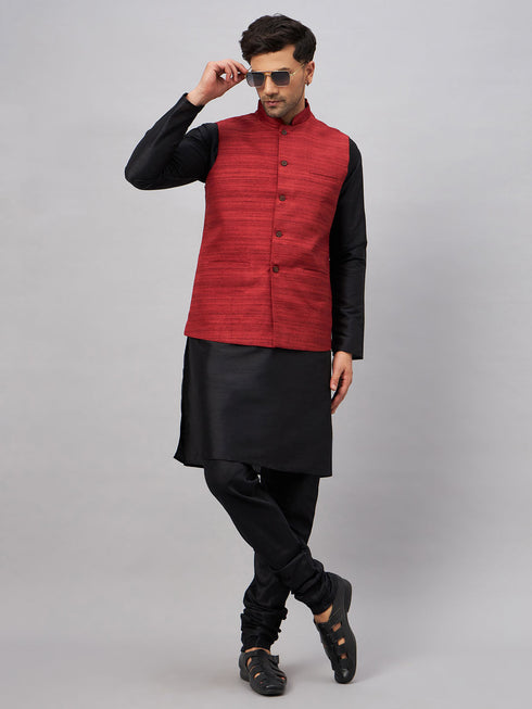 Vastramay Men's Maroon Jacket With Black Solid Silk Blend Kurta and Pyjama Set
