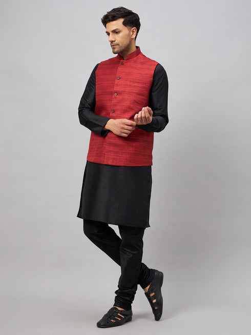 Vastramay Men's Maroon Jacket With Black Solid Silk Blend Kurta and Pyjama Set