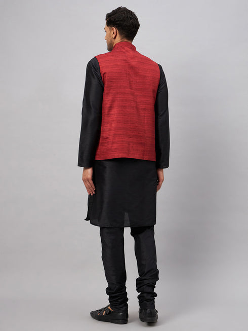 Vastramay Men's Maroon Jacket With Black Solid Silk Blend Kurta and Pyjama Set