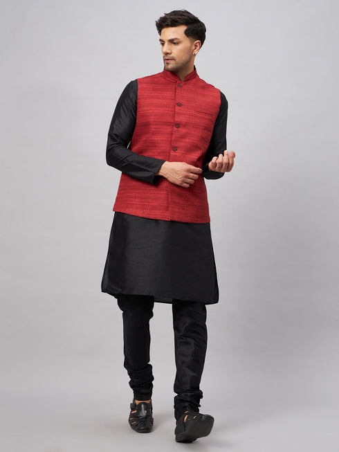 Vastramay Men's Maroon Jacket With Black Solid Silk Blend Kurta and Pyjama Set