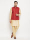 Vastramay Men's Maroon Matka Silk Nehru Jacket With Gold Silk Blend Kurta and Pant style Pyjama Set