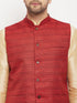 Vastramay Men's Maroon Matka Silk Nehru Jacket With Gold Silk Blend Kurta and Pant style Pyjama Set