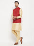 Vastramay Men's Maroon Matka Silk Nehru Jacket With Gold Silk Blend Kurta and Pant style Pyjama Set