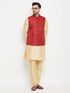 Vastramay Men's Maroon Matka Silk Nehru Jacket With Gold Silk Blend Kurta and Pant style Pyjama Set