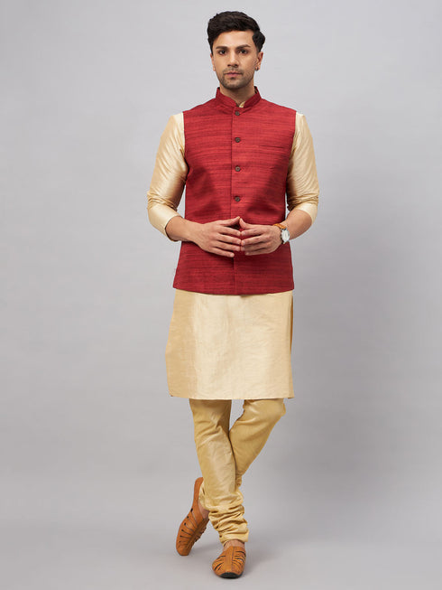 Vastramay Men's Maroon Jacket With Gold Kurta And Pyjama Set