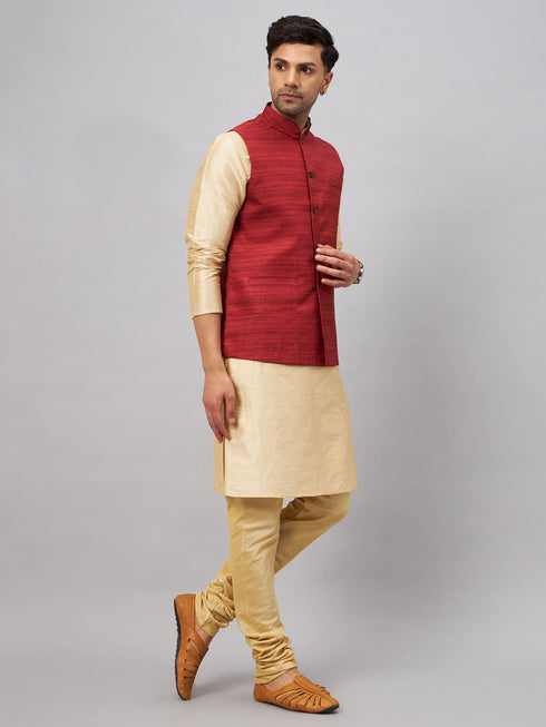 Vastramay Men's Maroon Jacket With Gold Kurta And Pyjama Set