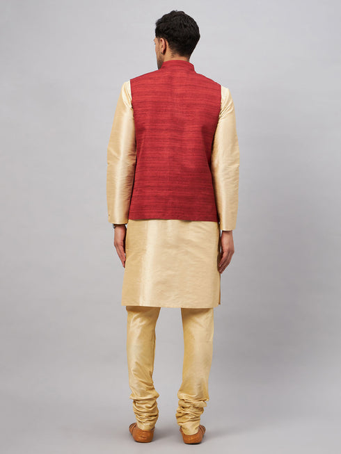 Vastramay Men's Maroon Jacket With Gold Kurta And Pyjama Set