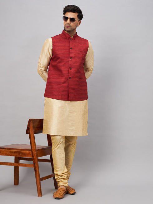 Vastramay Men's Maroon Jacket With Gold Kurta And Pyjama Set