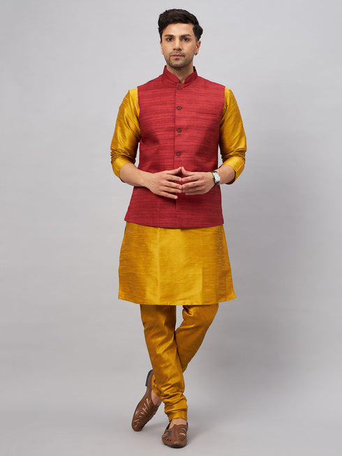 Vastramay Men's Maroon Jacket With Mustard Kurta And Pyjama Set