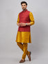 Vastramay Men's Maroon Jacket With Mustard Kurta And Pyjama Set