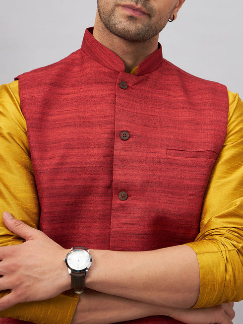 Vastramay Men's Maroon Jacket With Mustard Kurta And Pyjama Set