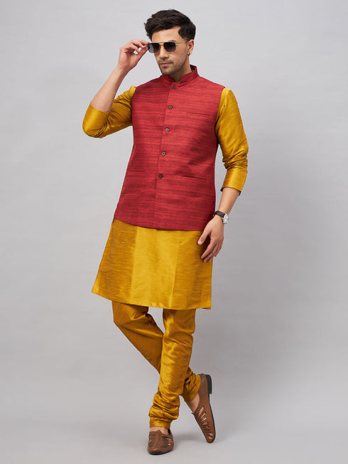 Vastramay Men's Maroon Jacket With Mustard Kurta And Pyjama Set