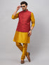 Vastramay Men's Maroon Jacket With Mustard Kurta And Pyjama Set