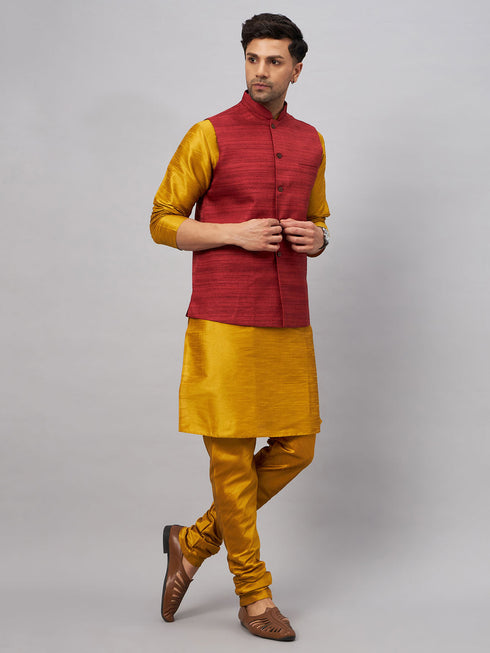 Vastramay Men's Maroon Jacket With Mustard Kurta And Pyjama Set