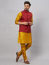 Vastramay Men's Maroon Jacket With Mustard Kurta And Pyjama Set
