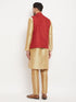 Vastramay Men's Maroon Matka Silk Nehru Jacket With Rose Gold Silk Blend Kurta and Pant style Pyjama Set