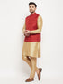 Vastramay Men's Maroon Matka Silk Nehru Jacket With Rose Gold Silk Blend Kurta and Pant style Pyjama Set