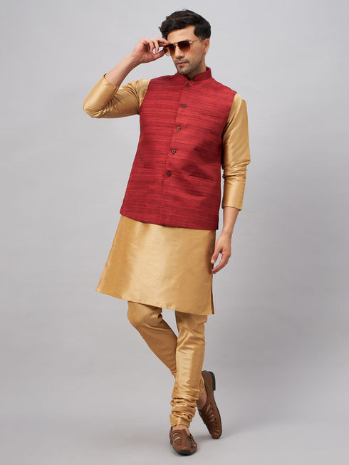 Vastramay Men's Maroon Jacket With Rose Gold Kurta And Pyjama Set