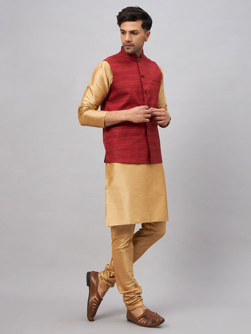Vastramay Men's Maroon Jacket With Rose Gold Kurta And Pyjama Set