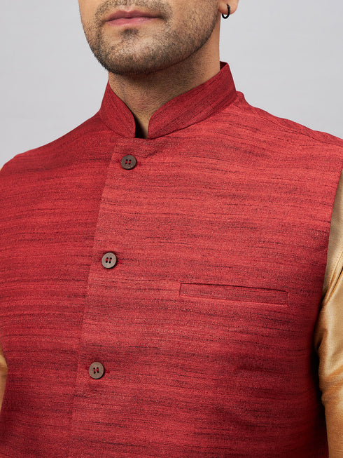 Vastramay Men's Maroon Jacket With Rose Gold Kurta And Pyjama Set