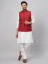 Vastramay Men's Maroon Matka Silk Nehru Jacket With White Silk Blend Kurta Pyjama Set