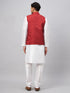 Vastramay Men's Maroon Matka Silk Nehru Jacket With White Silk Blend Kurta Pyjama Set