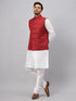 Vastramay Men's Maroon Matka Silk Nehru Jacket With White Silk Blend Kurta Pyjama Set