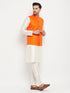 Vastramay Men's Orange Matka Silk Nehru Jacket With Kurta and Pant style Pyjama Set