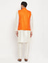 Vastramay Men's Orange Matka Silk Nehru Jacket With Kurta and Pant style Pyjama Set
