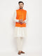 Vastramay Men's Orange Matka Silk Nehru Jacket With Kurta and Pant style Pyjama Set