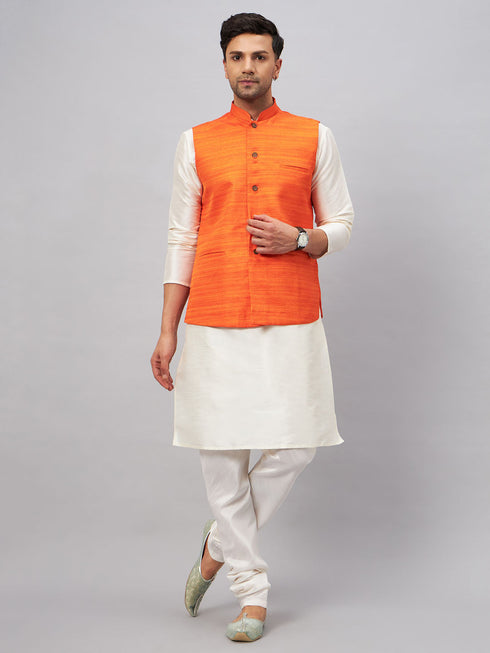 Vastramay Men's Orange Matka Silk Nehru Jacket With Cream Silk Blend Kurta Pyjama Set