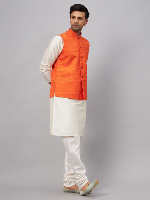 Vastramay Men's Orange Matka Silk Nehru Jacket With Cream Silk Blend Kurta Pyjama Set