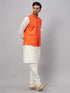 Vastramay Men's Orange Matka Silk Nehru Jacket With Cream Silk Blend Kurta Pyjama Set
