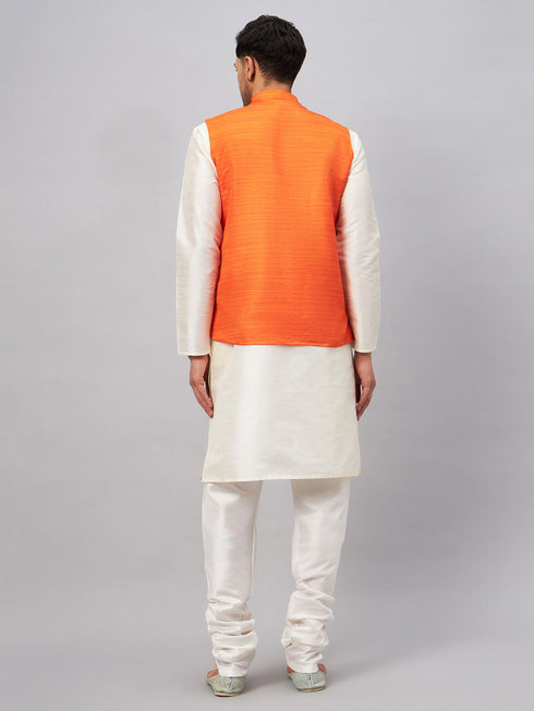 Vastramay Men's Orange Matka Silk Nehru Jacket With Cream Silk Blend Kurta Pyjama Set
