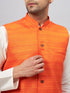Vastramay Men's Orange Matka Silk Nehru Jacket With Cream Silk Blend Kurta Pyjama Set