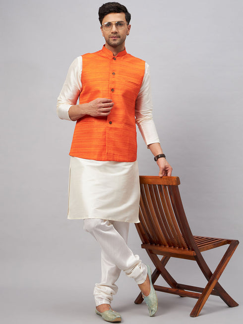 Vastramay Men's Orange Matka Silk Nehru Jacket With Cream Silk Blend Kurta Pyjama Set