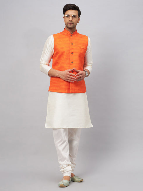 Vastramay Men's Orange Matka Silk Nehru Jacket With Cream Silk Blend Kurta Pyjama Set