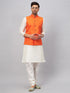 Vastramay Men's Orange Matka Silk Nehru Jacket With Cream Silk Blend Kurta Pyjama Set