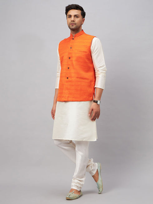 Vastramay Men's Orange Matka Silk Nehru Jacket With Cream Silk Blend Kurta Pyjama Set