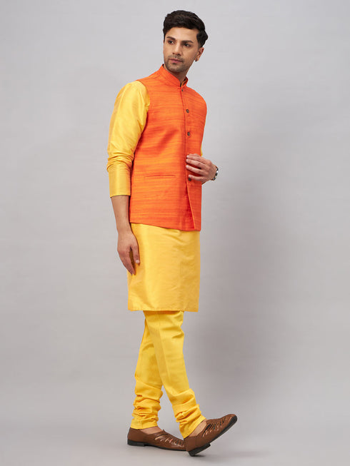 Vastramay Men's Orange Jacket With Yellow Kurta And Pyjama Set