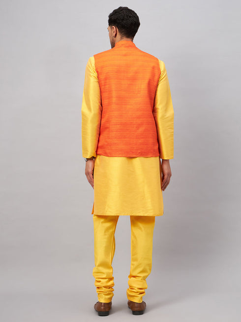 Vastramay Men's Orange Jacket With Yellow Kurta And Pyjama Set