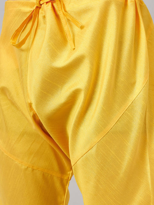 Vastramay Men's Orange Jacket With Yellow Kurta And Pyjama Set