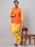 Vastramay Men's Orange Jacket With Yellow Kurta And Pyjama Set