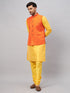 Vastramay Men's Orange Jacket With Yellow Kurta And Pyjama Set